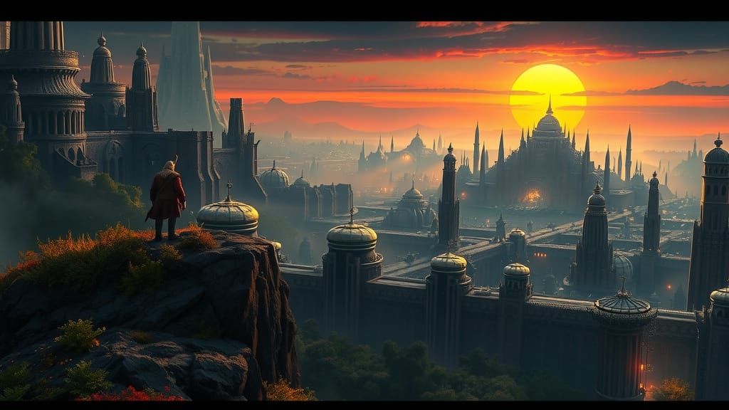 Dwarf Overlooking Alien City at Sunset