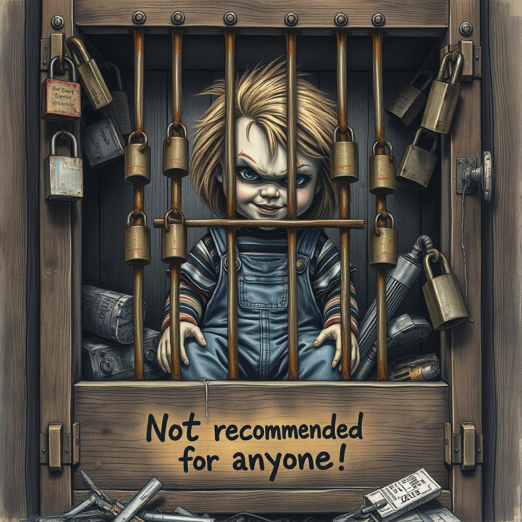 Chucky Doll Behind Rusty Grills in Dusty Closet