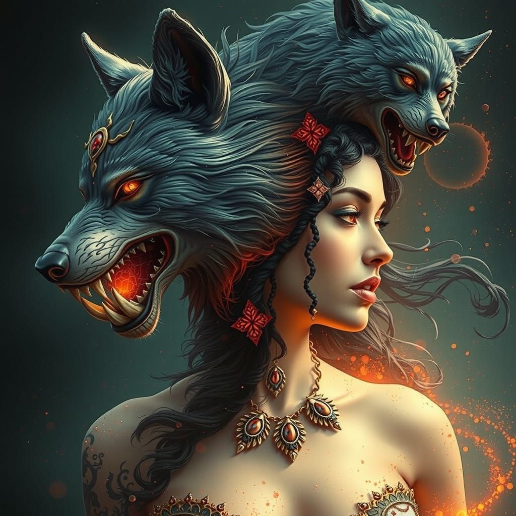 Art Nouveau Fantasy Woman Transforms into Werewolf