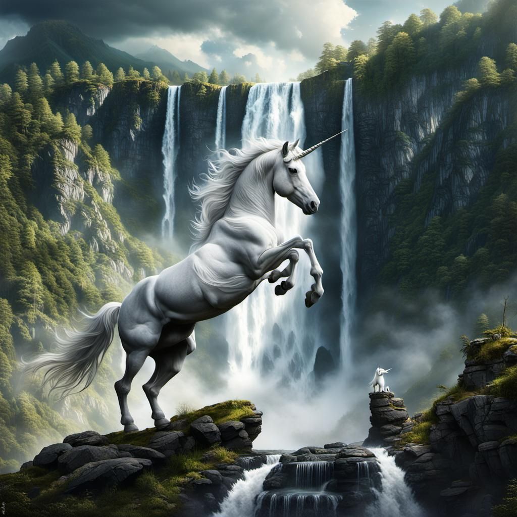 Epic Unicorn Rearing near Waterfall: Digital Matte Painting