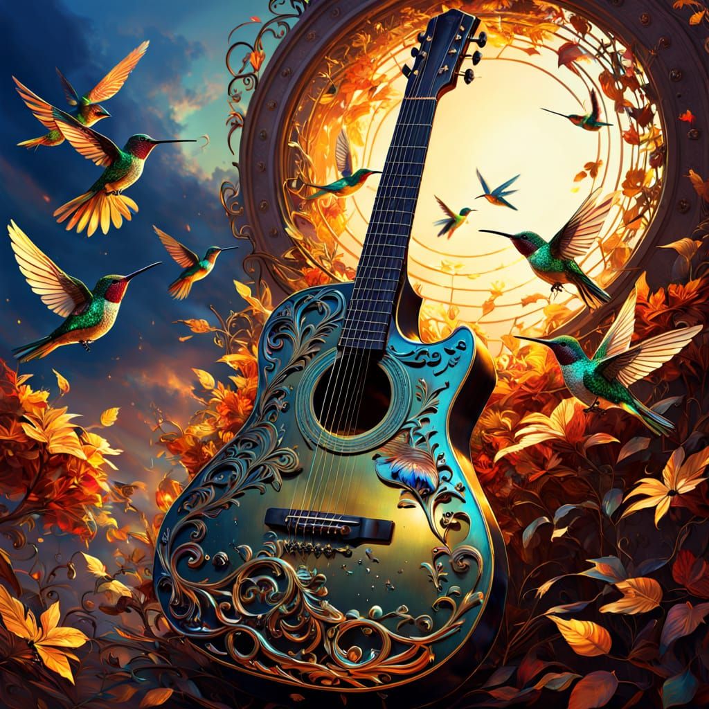 Surreal Guitar Birdcage with Hummingbirds and Autumn Sky