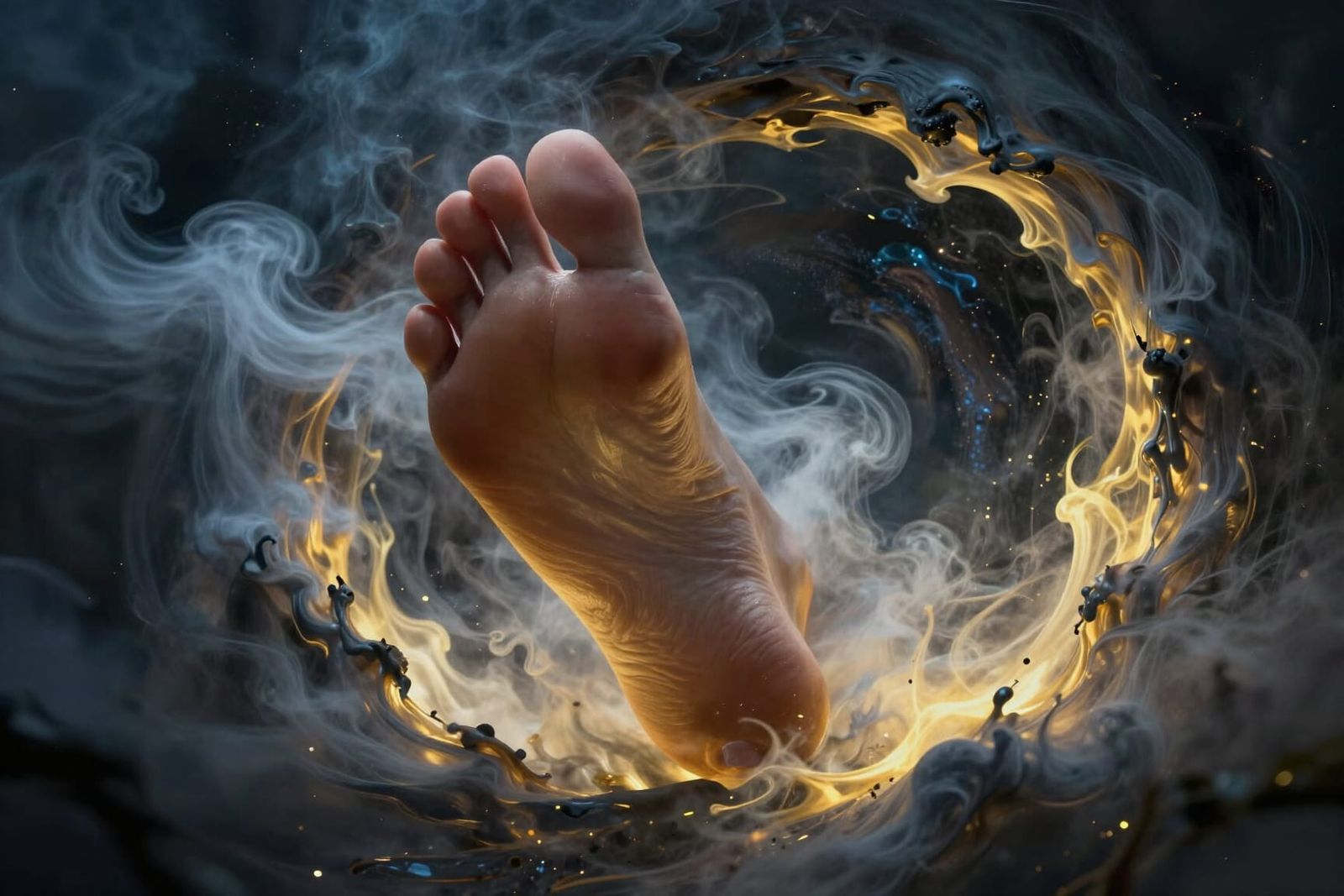 Giant Foot Kicks Through Celestial Hole in Dark Fantasy Art