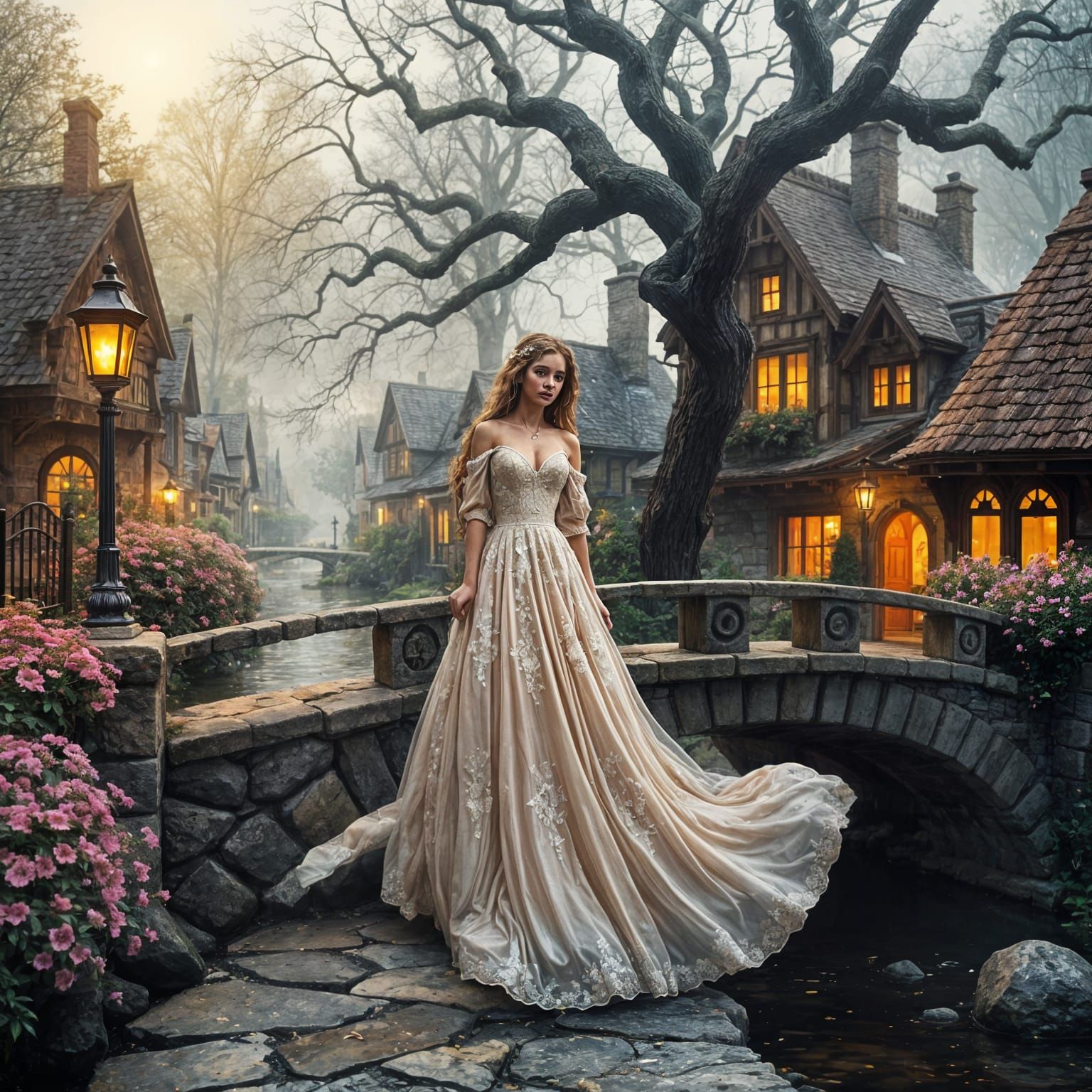Fairytale Village at Twilight with Woman on Bridge