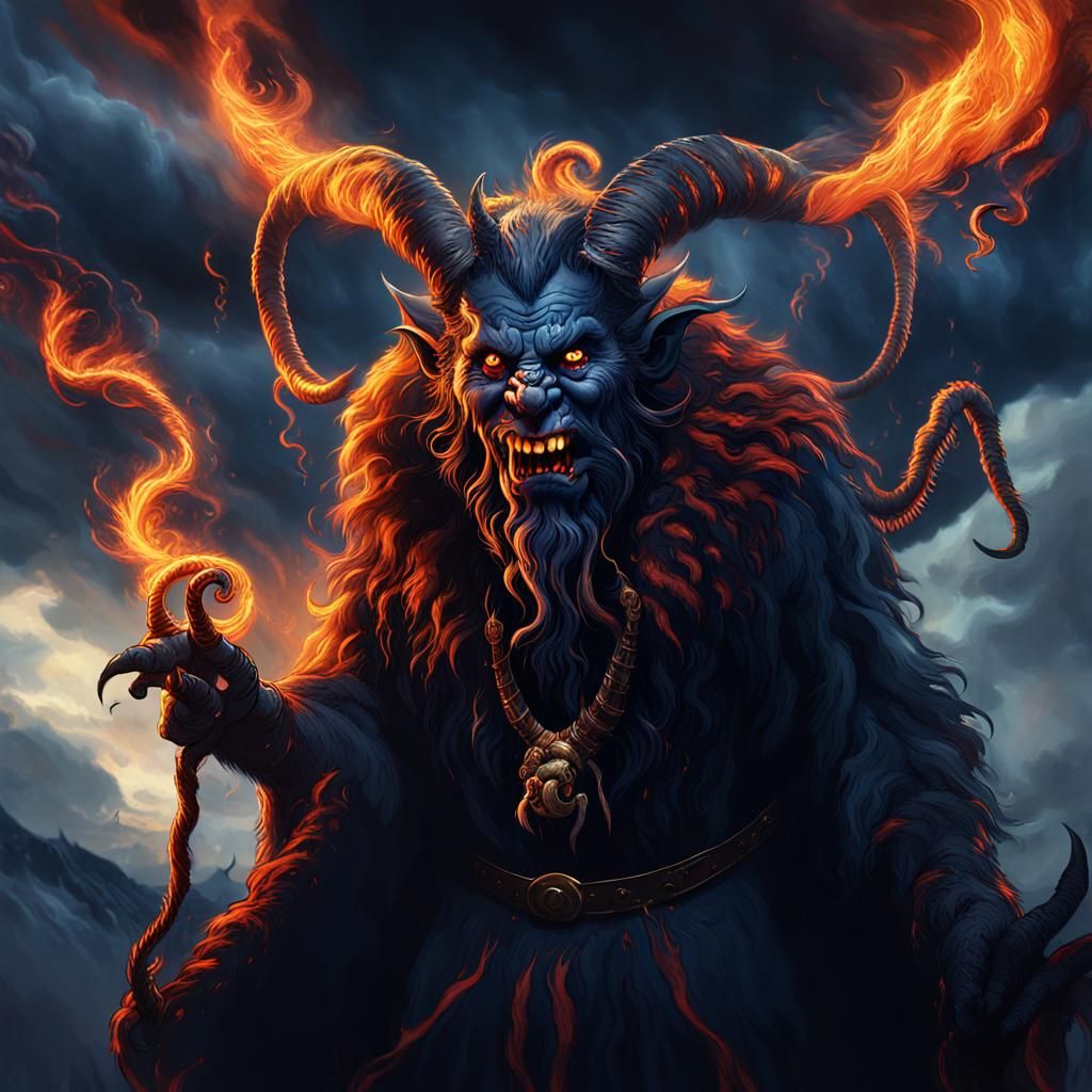 Dark Fantasy Krampus Commands Imps Amidst Stormy Skies