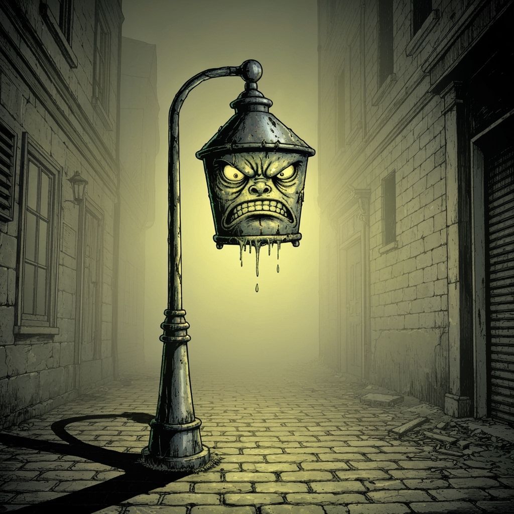 Grumpy Cobblestone Streetlamp in Foggy Victorian Alley