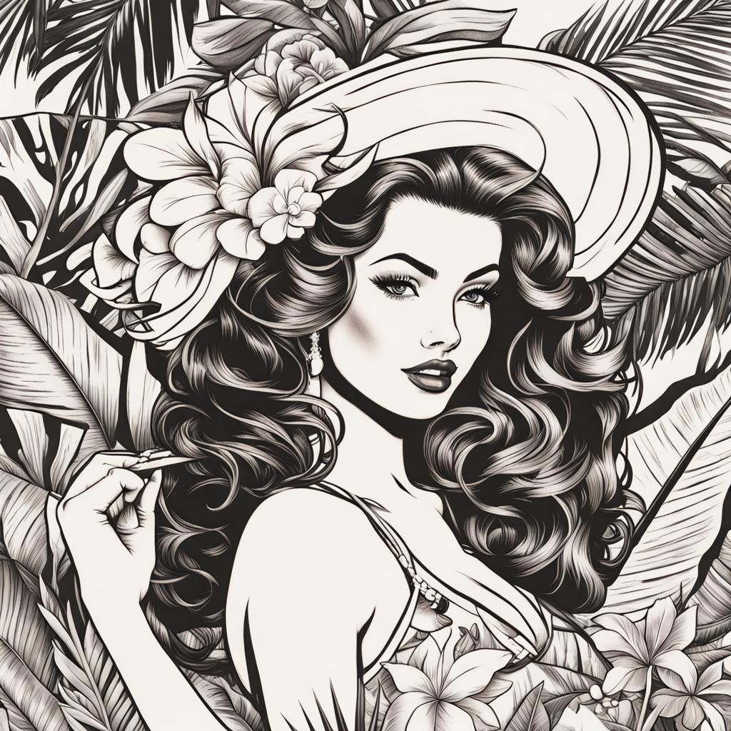 Tahitian Pin-Up Illustration in Colorier Style