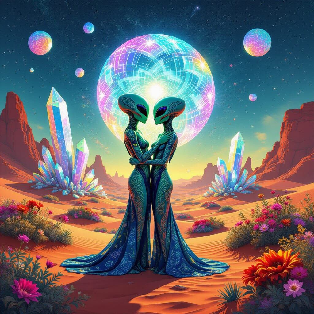 Alien Lovers Embrace in Psychedelic Futuristic Oasis