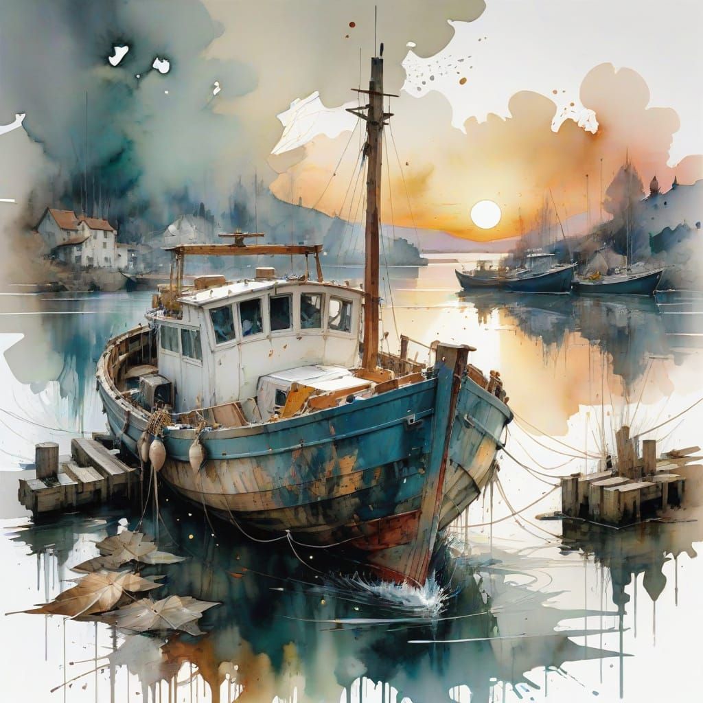 Old Boat Docked at Sunset in Expressive Watercolor Style