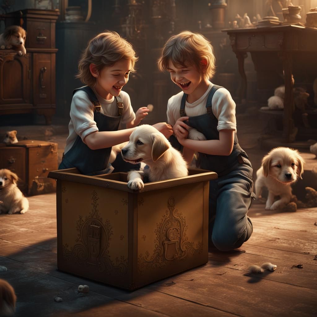 Children's Joy: Puppies in a Box, Detailed Matte Painting