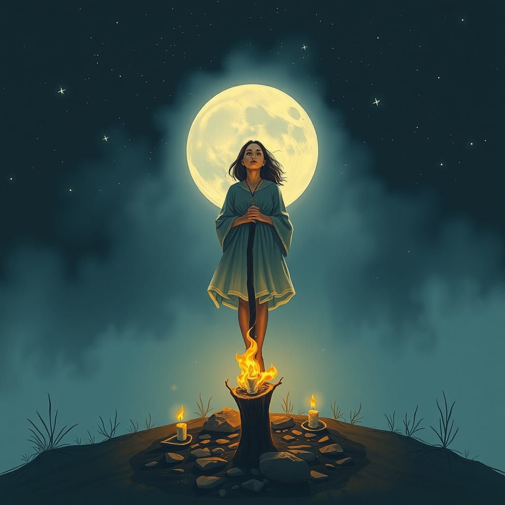 Young Woman Defies the Celestial Bodies in Mystical Moonlit ...