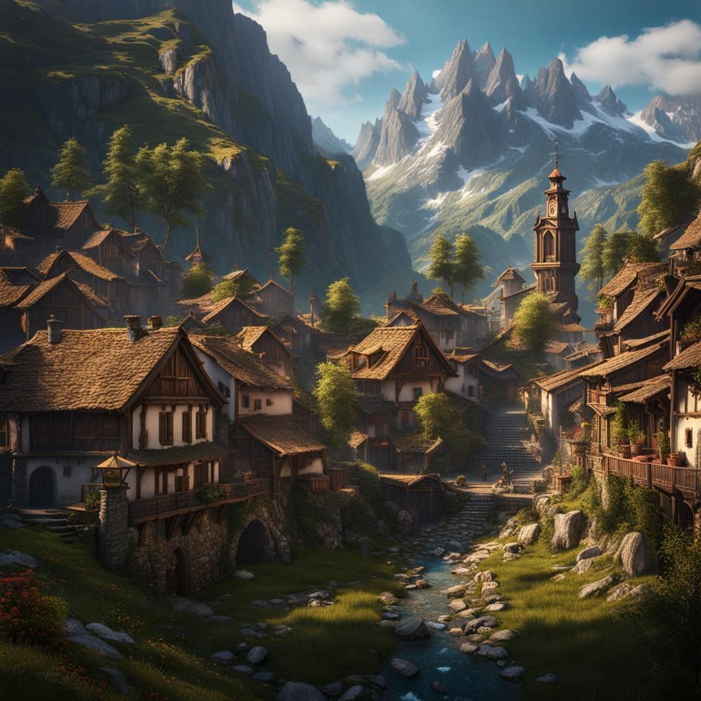 Pyrenees Mountain Town: Detailed Matte Painting
