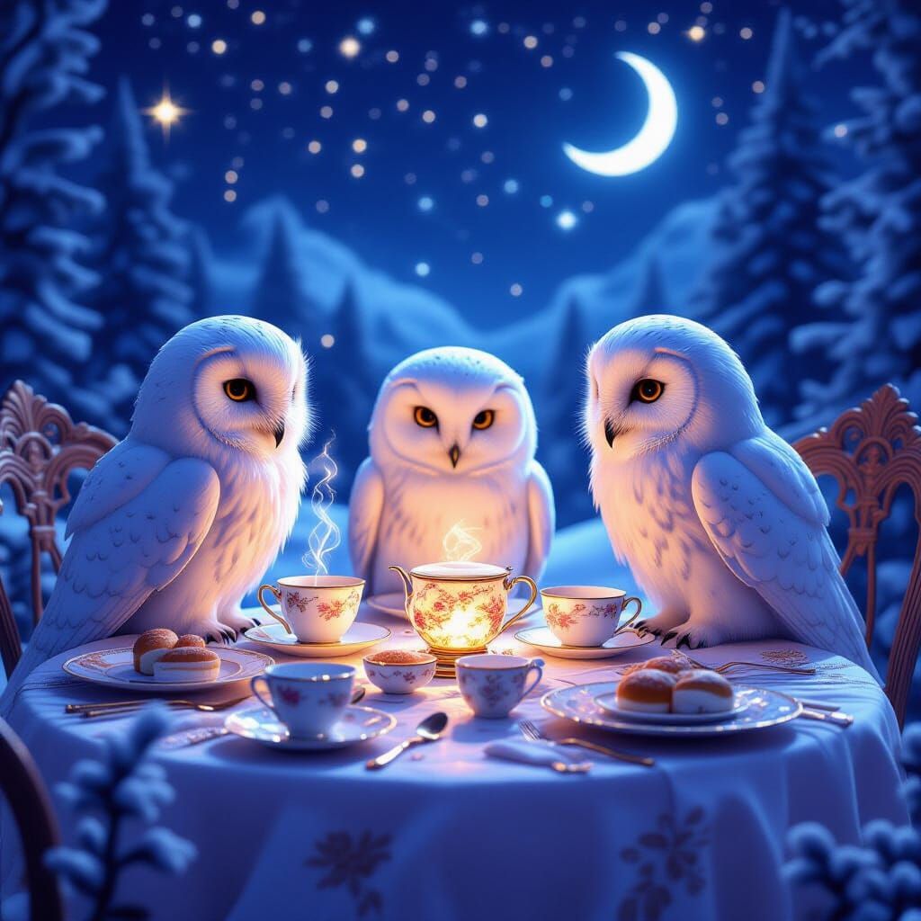 Celestial Tea Party with Snow Owls in Space
