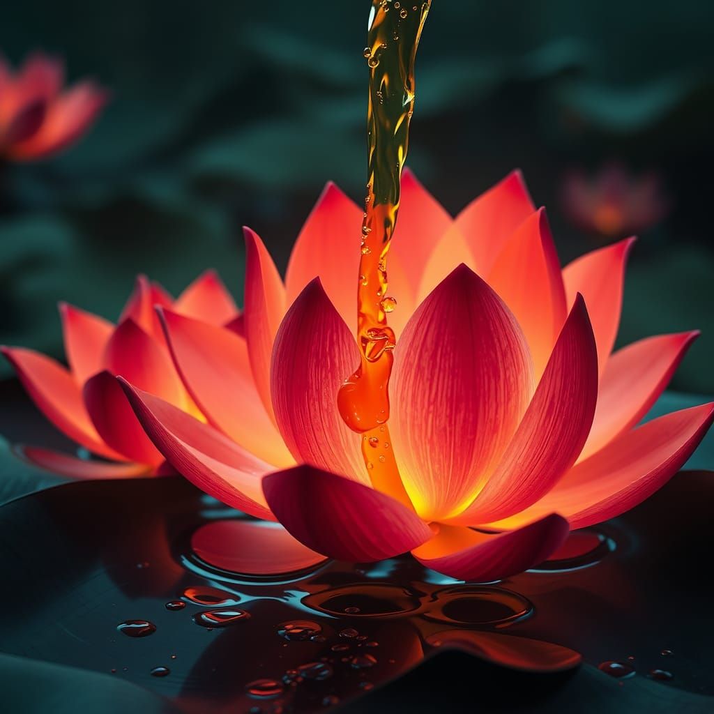 Glowing Lotus Flowers Pouring Nectar into Wine