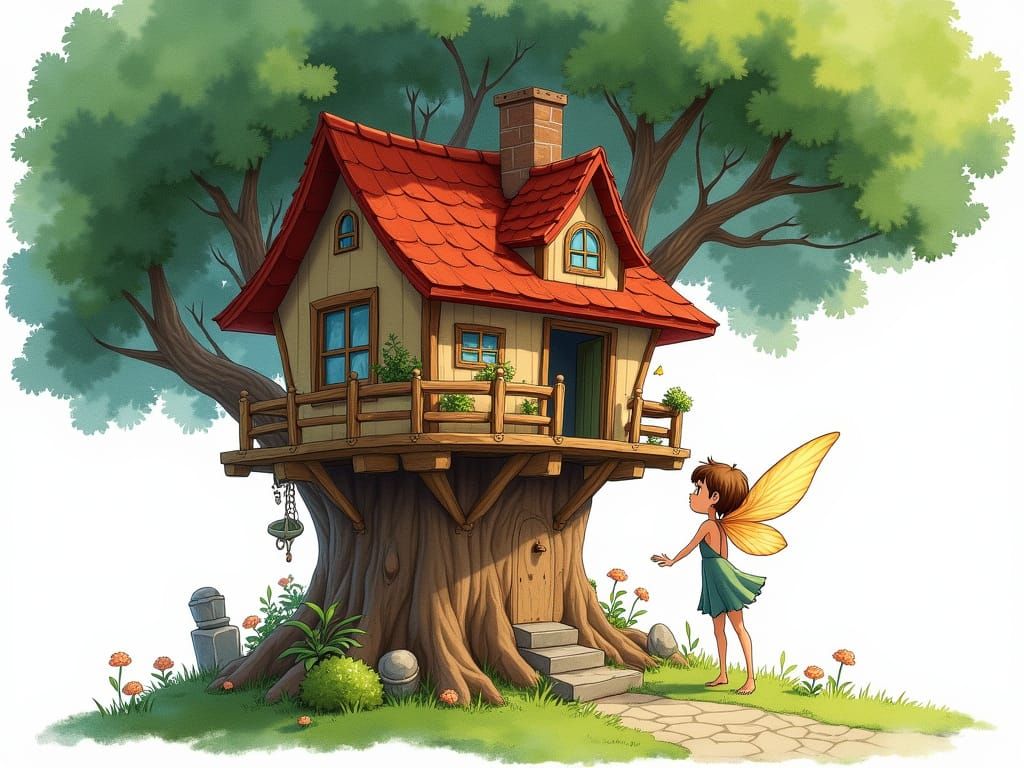Whimsical Watercolor Pixie Peeks from Treehouse Window