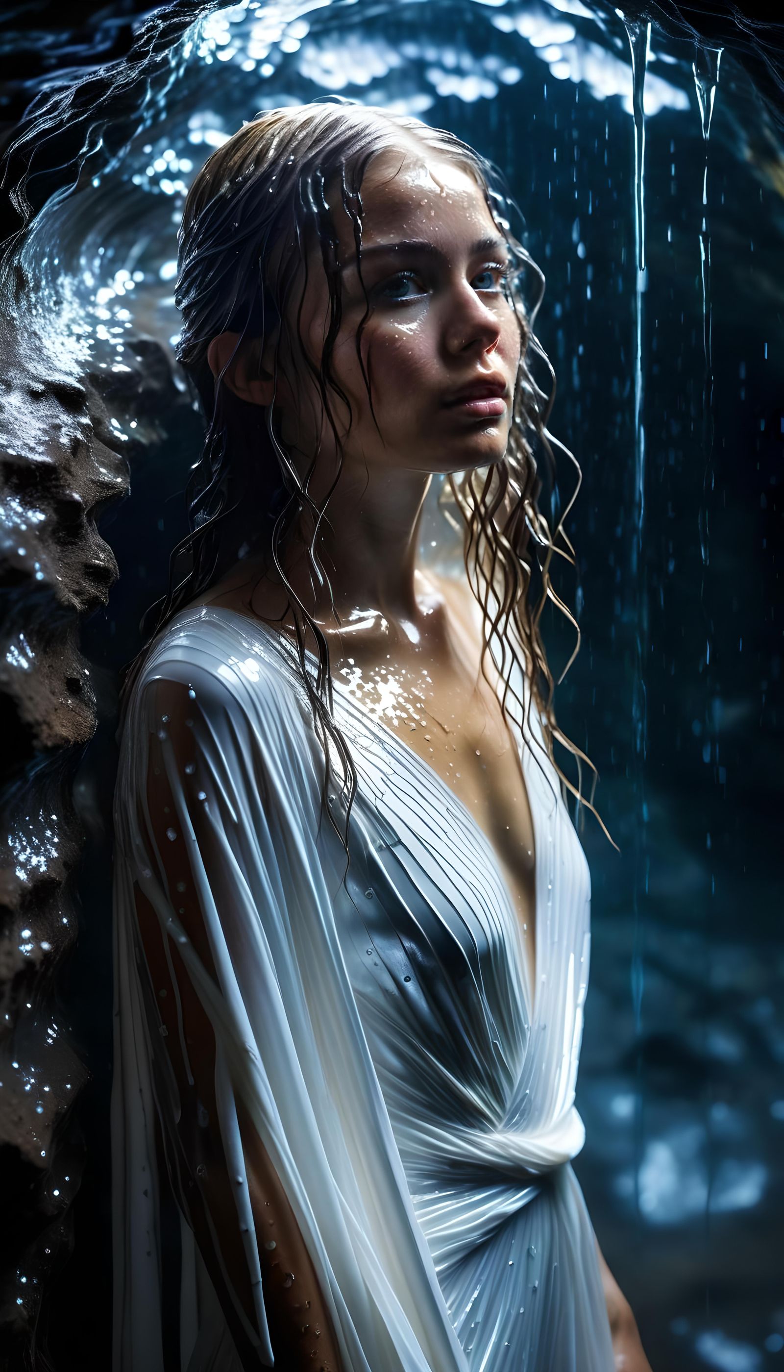 Metallic Cave Portrait of a Woman in Gauze Dress