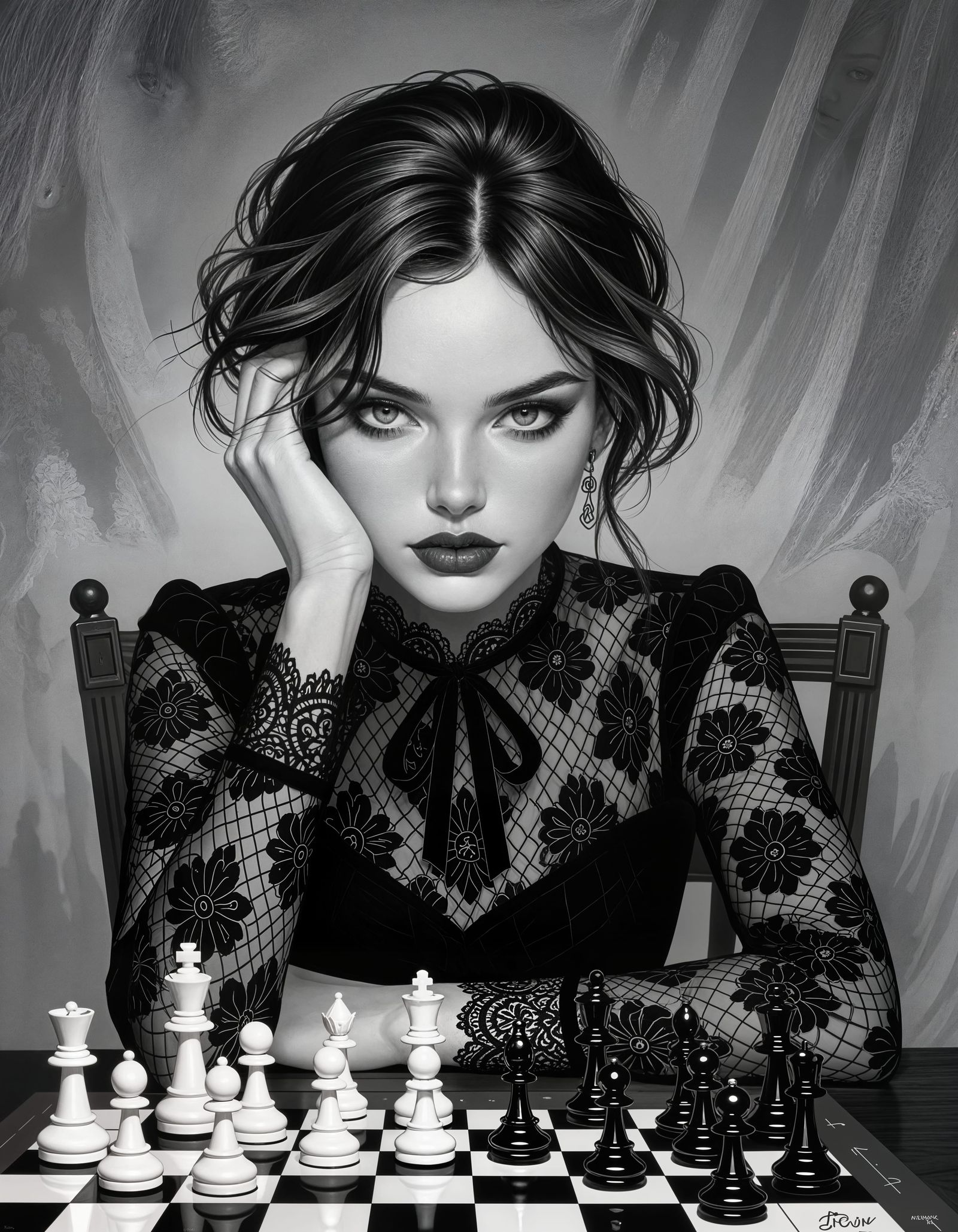 Monochrome Portrait of Woman in Lace, Kuvshinov & Cadmus Sty...