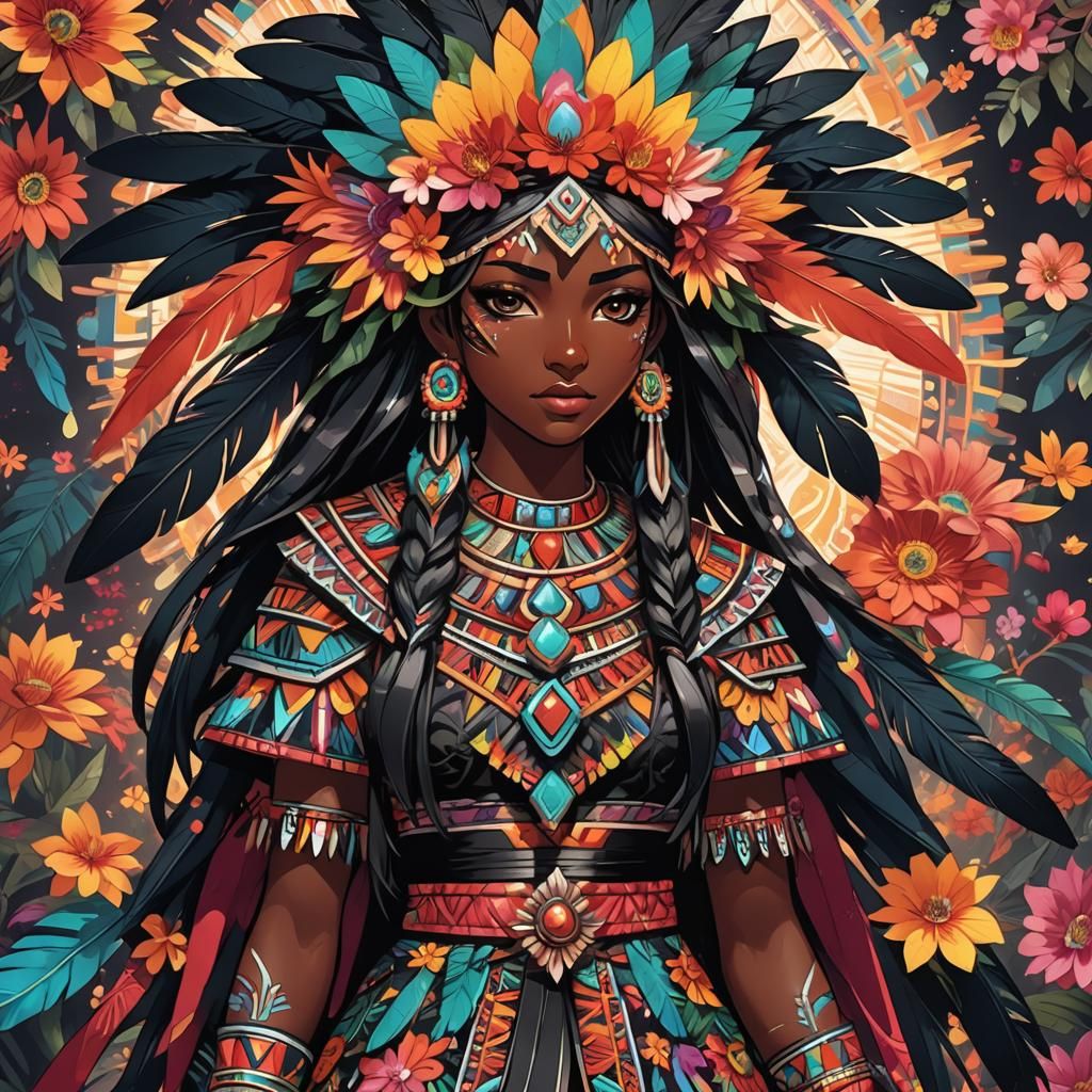 Aztec Girl with Obsidian Sword in Anime Manga Style