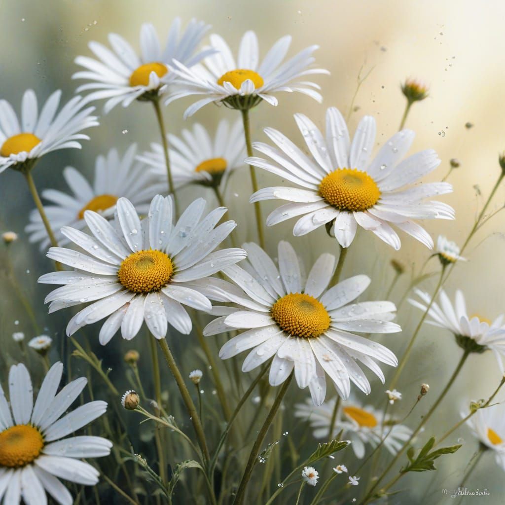Macro Daisies in Ethereal Watercolour and Ink Style