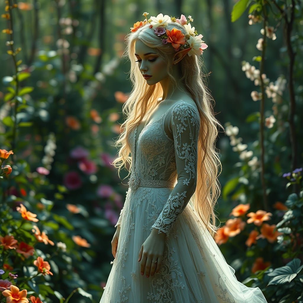 Ethereal Green Elf Maiden in Floral Wedding Attire, Standing...