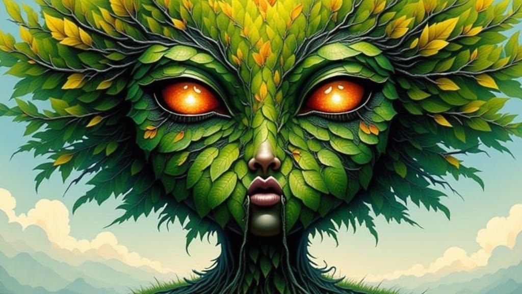 Whimsical Tree Face in Surrealist Style