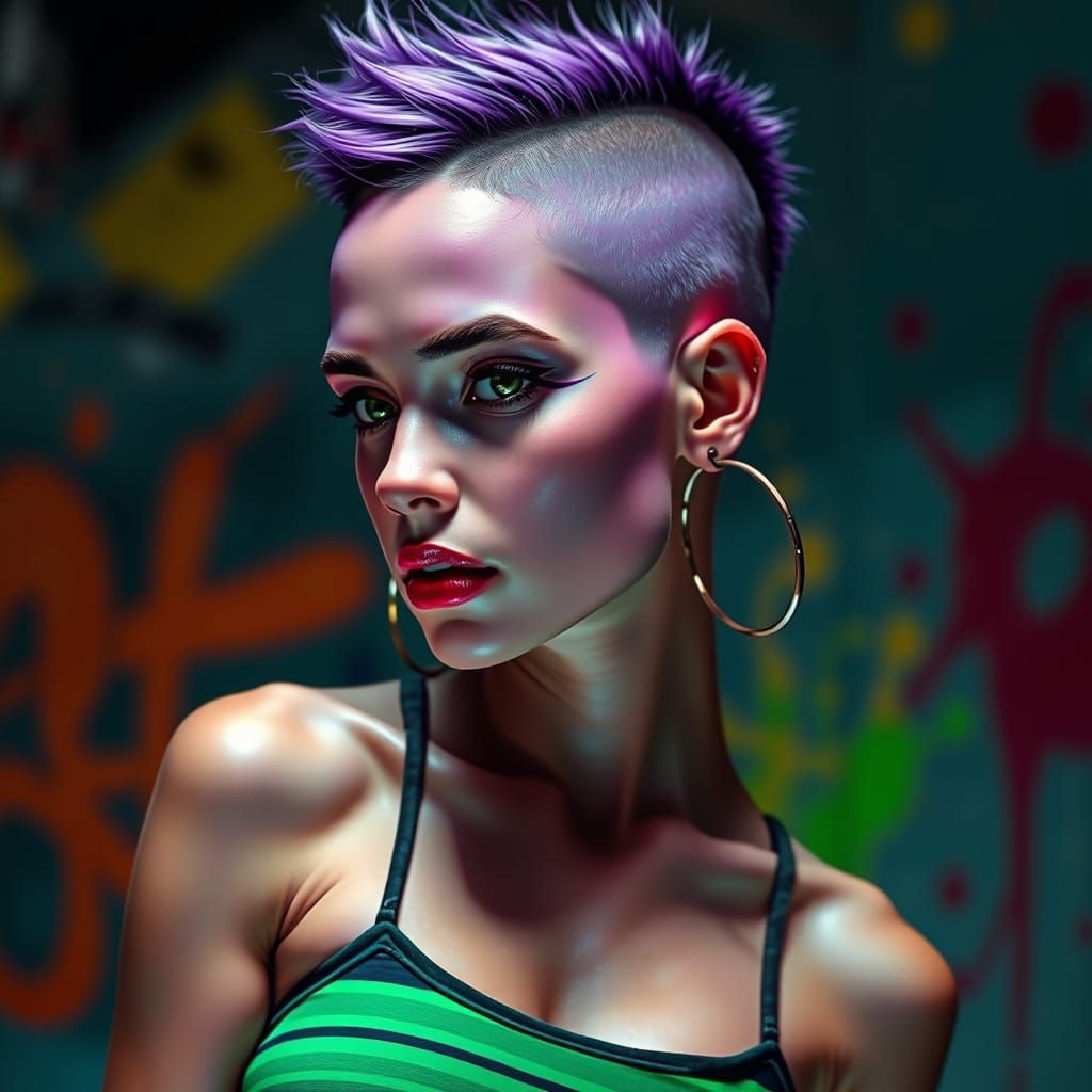 Punk Woman With Purple Mercury Skin And Half-Shaved Head