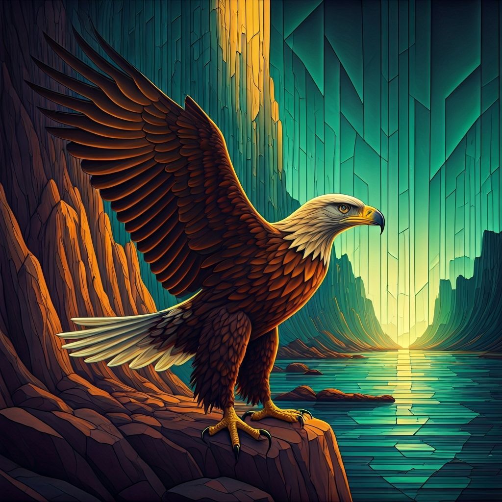 Eagle Soaring in Abstract Neon Stained Glass