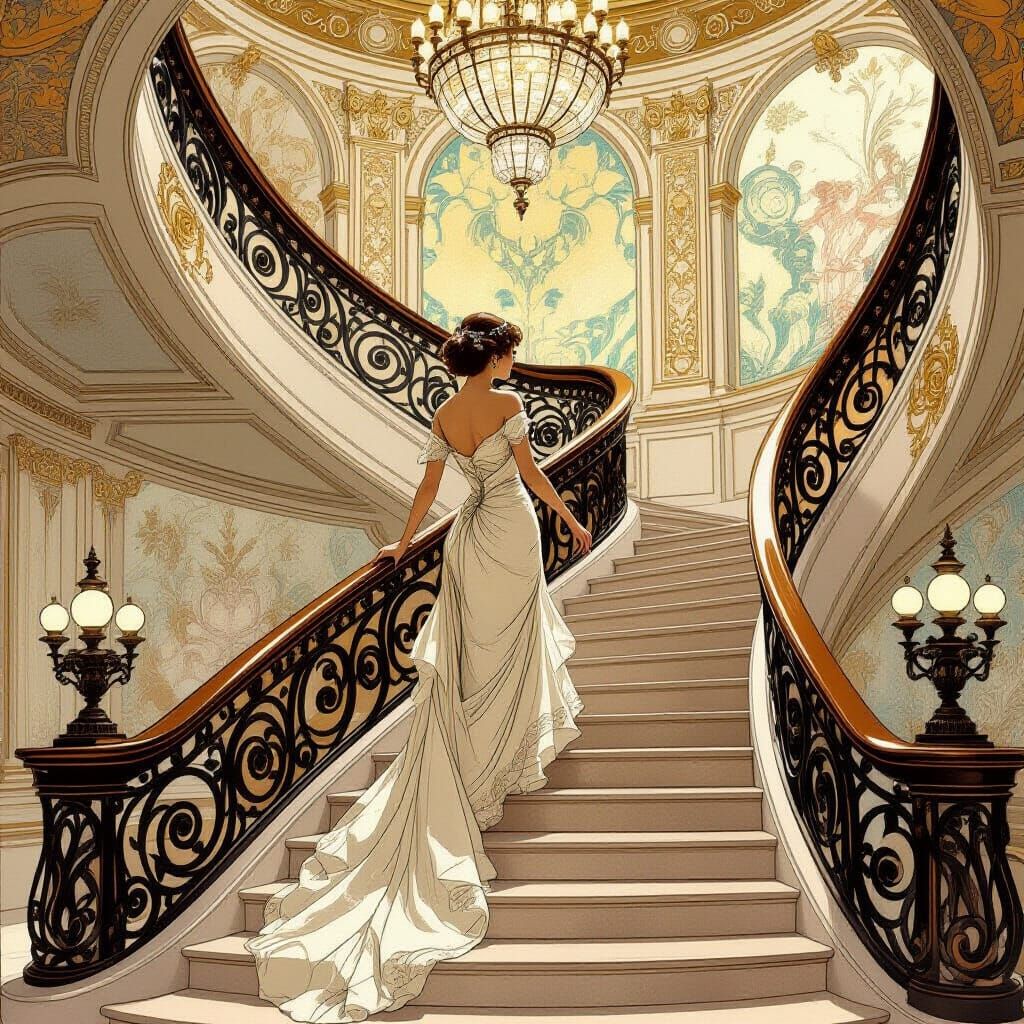 Woman Ascends Grand Staircase in Art Nouveau Style