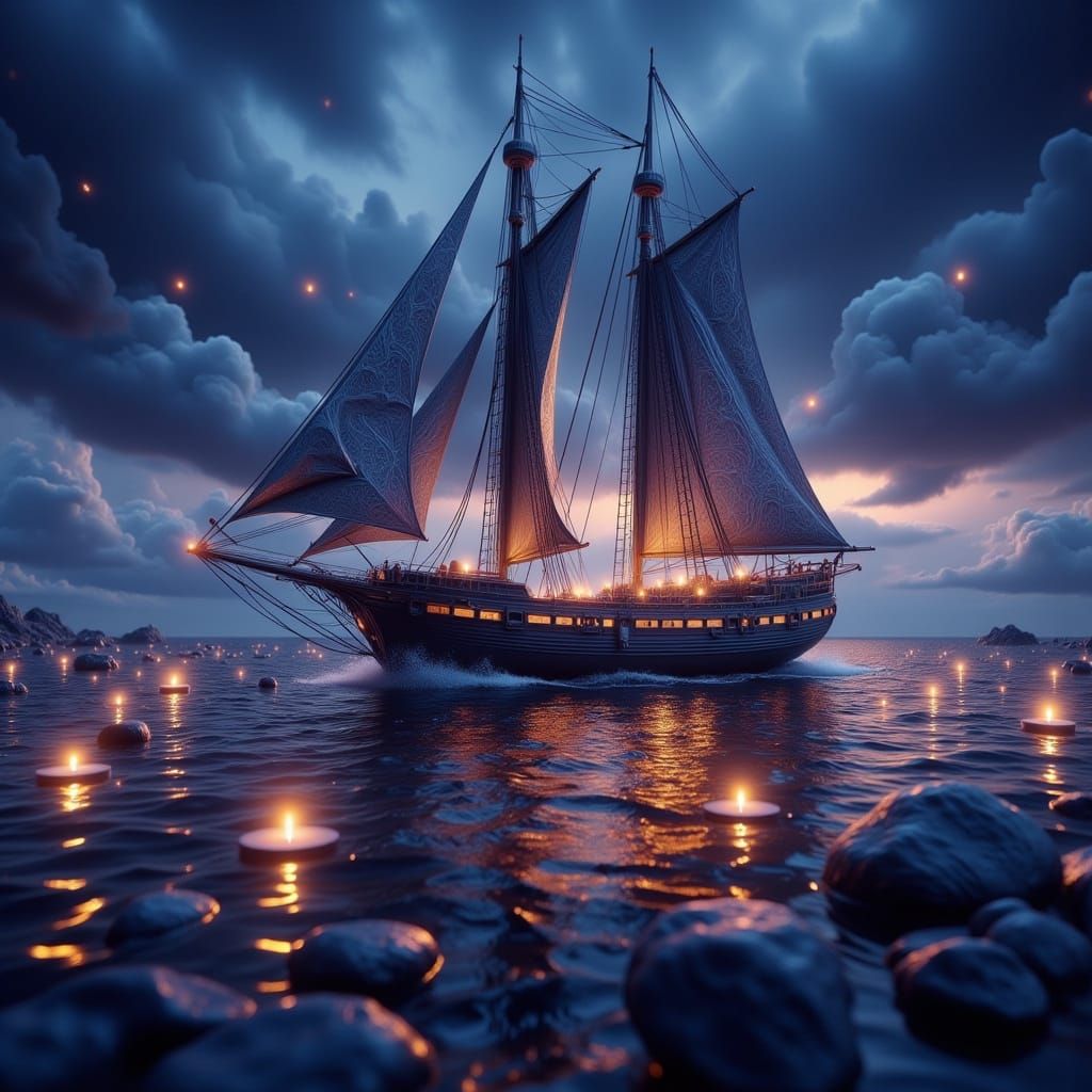 Sailboat Under Starlit Waters in Fantasy Art