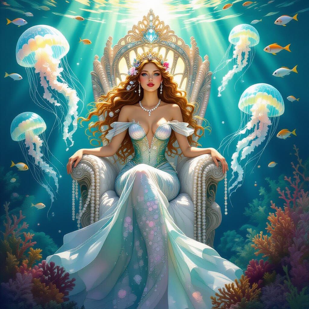 Mermaid Queen on Coral Throne in Art Nouveau Style