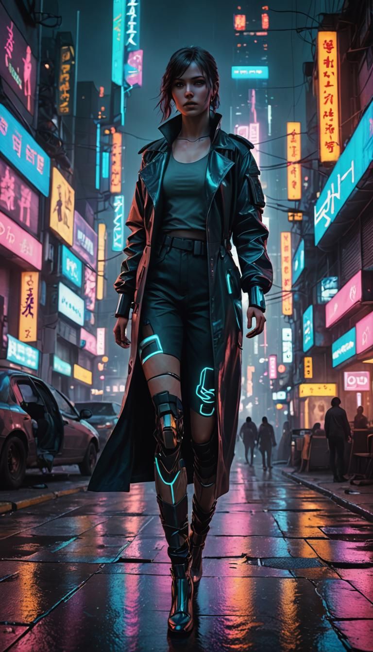 Serene Cyberpunk Hologram in Neon Cityscape