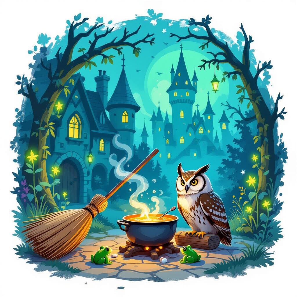 Whimsical Fantasy Owl Cooks Magical Soup in Enchanted Castle
