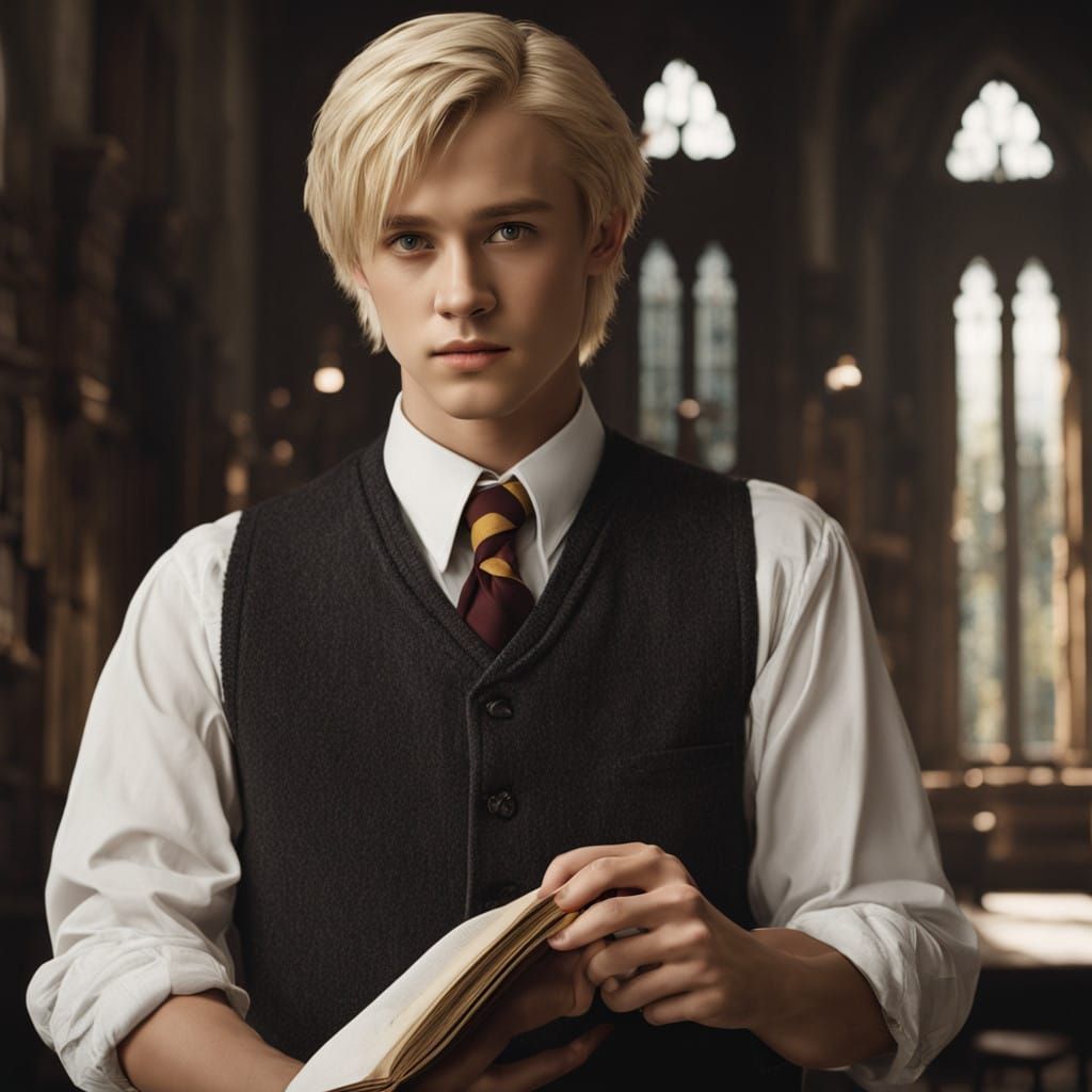 Handsome Young Wizard Stands Tall Amidst Ancient Tomes in Gr...