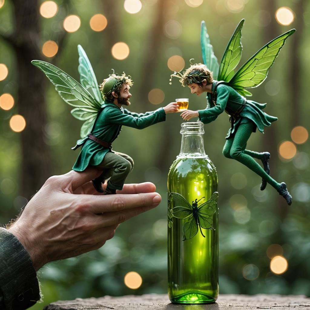 Miniature Green Fairy Tempts Drunk Man with Absinthe
