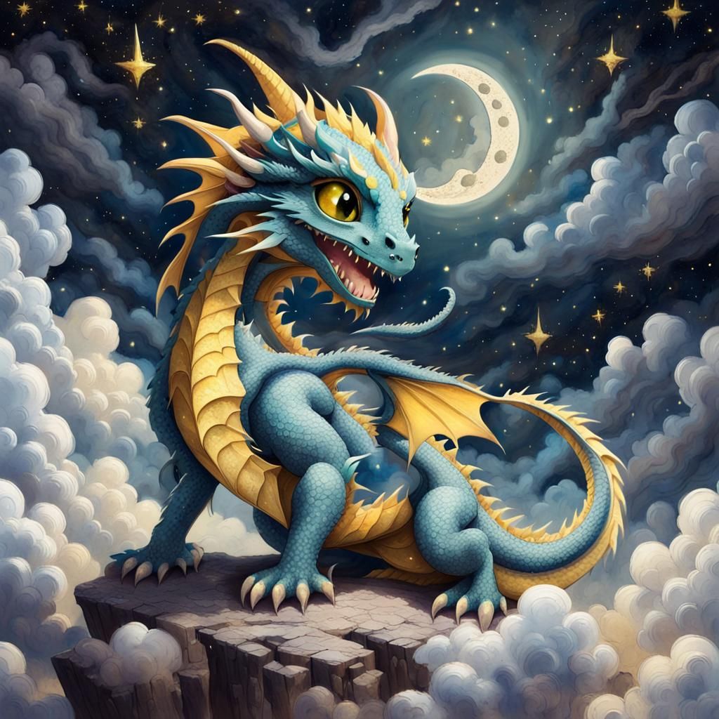 Chibi Yellow Dragon in Glitter Watercolor Style