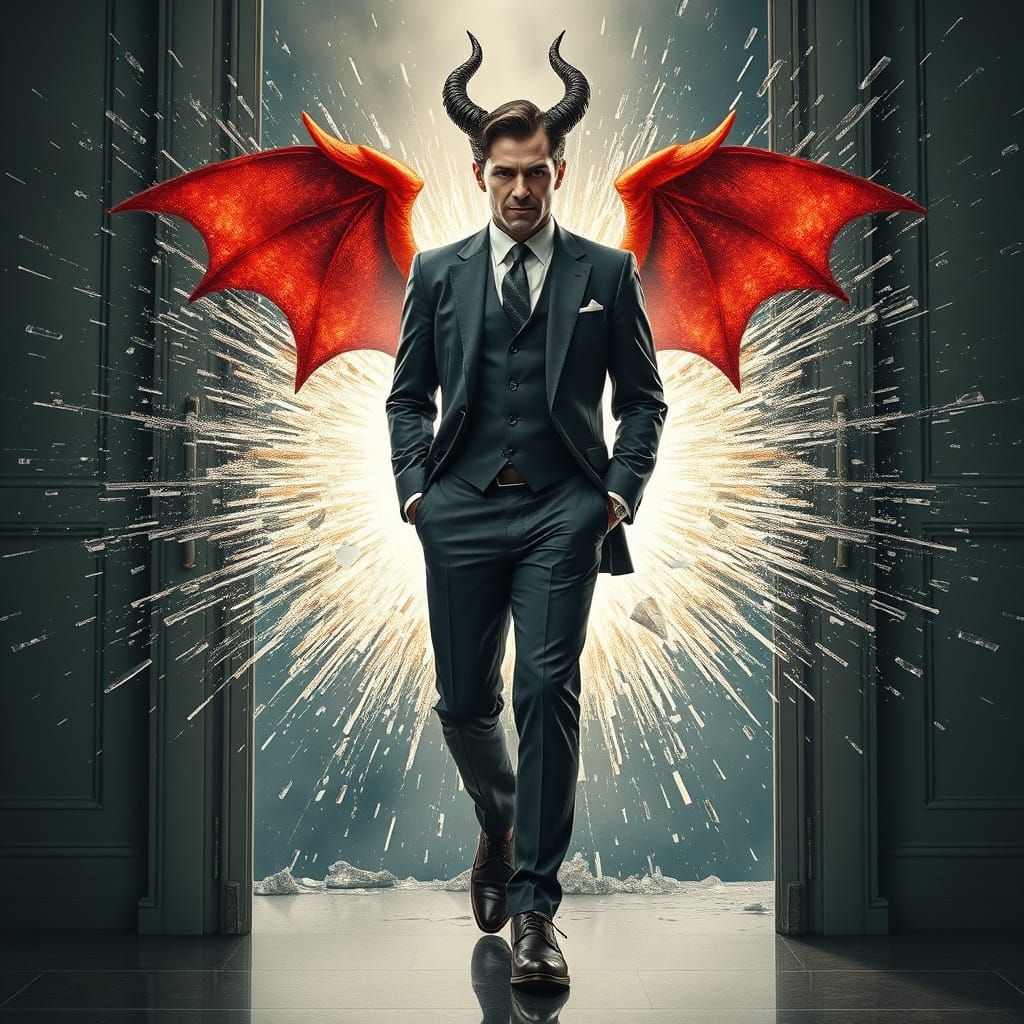 Confident Lucifer Emerges from Shattered Glass Door