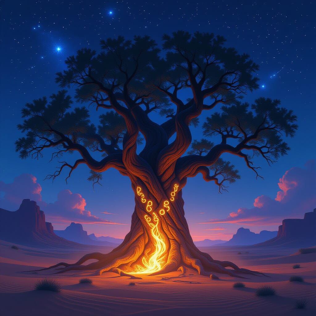 Ancient Rune Tree in Ethereal Desert Twilight