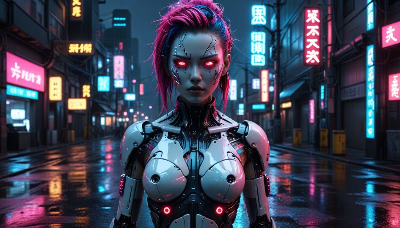 Cyberpunk Gynoid in Gothic Pose with Neon Cityscape