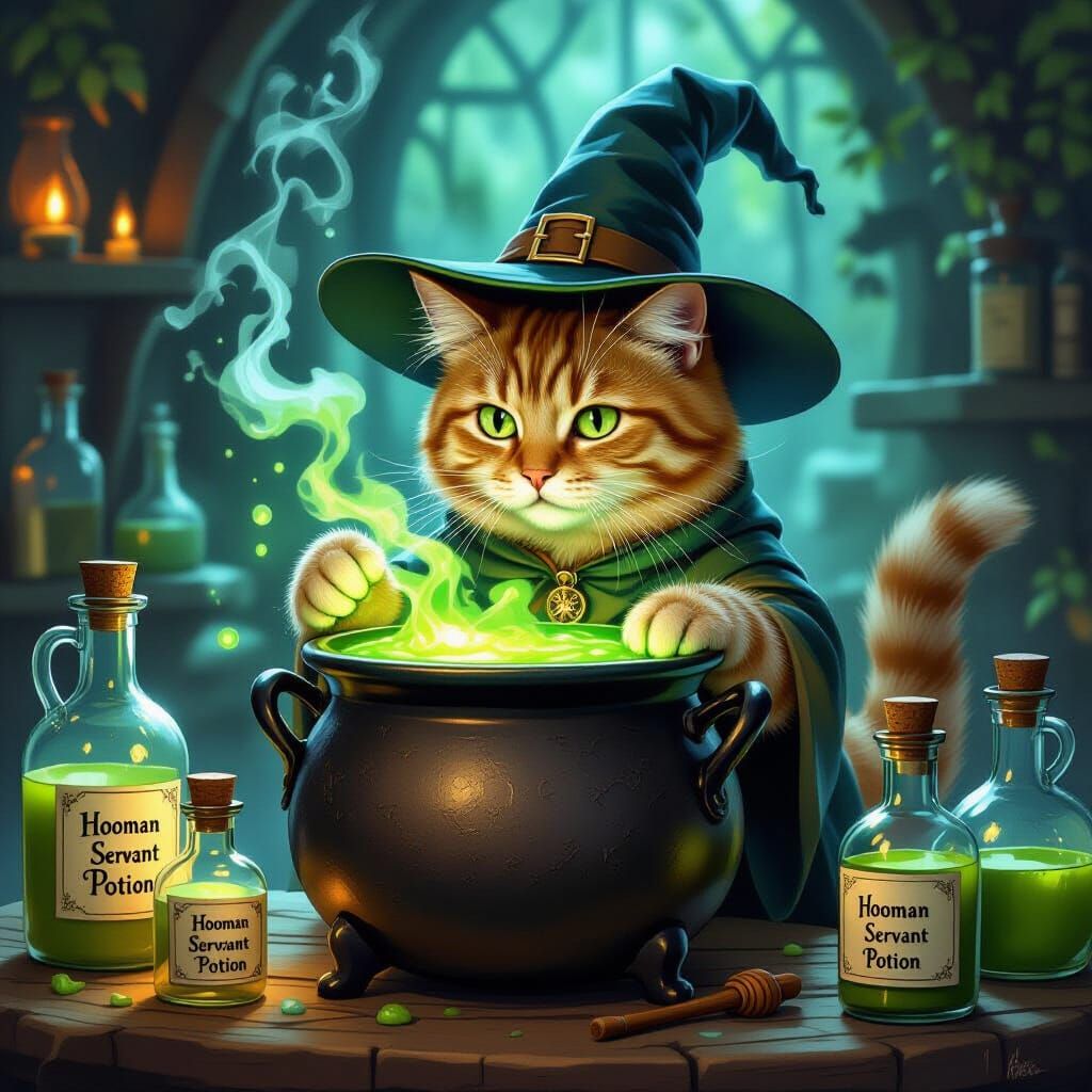 Wizard Cat Brews Green Potion in Fantasy Art Style