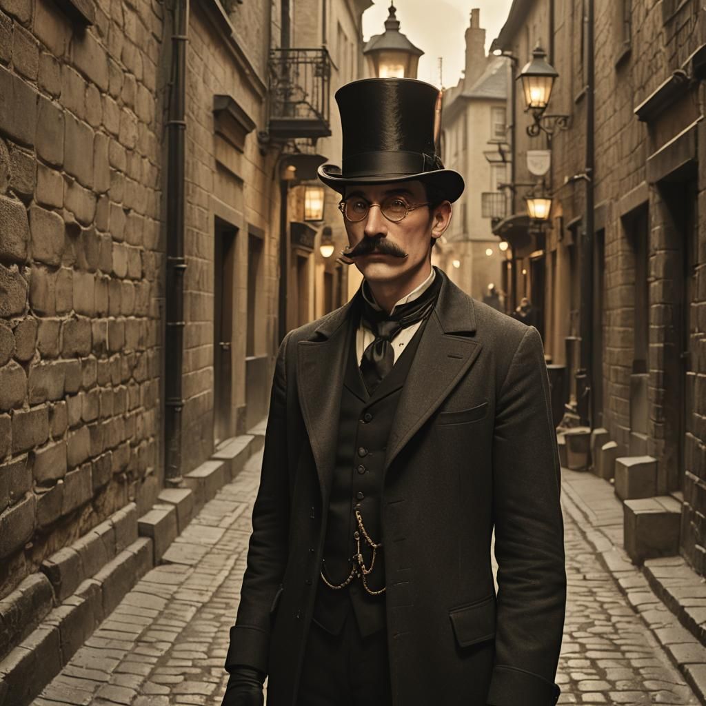 Steampunk Gentleman in Cobblestone Alleyway