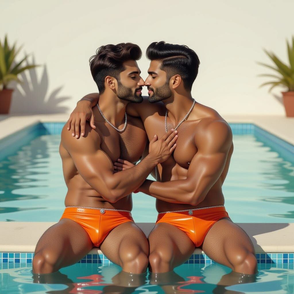 Muscular Men Embrace in Vibrant, Photorealistic Style