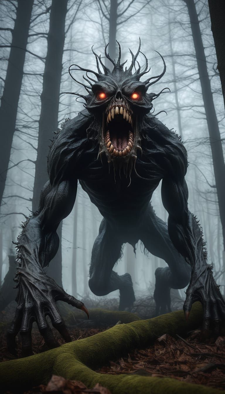 Terrifying Lovecraftian Monster Hides Behind a Tree in a Dar...