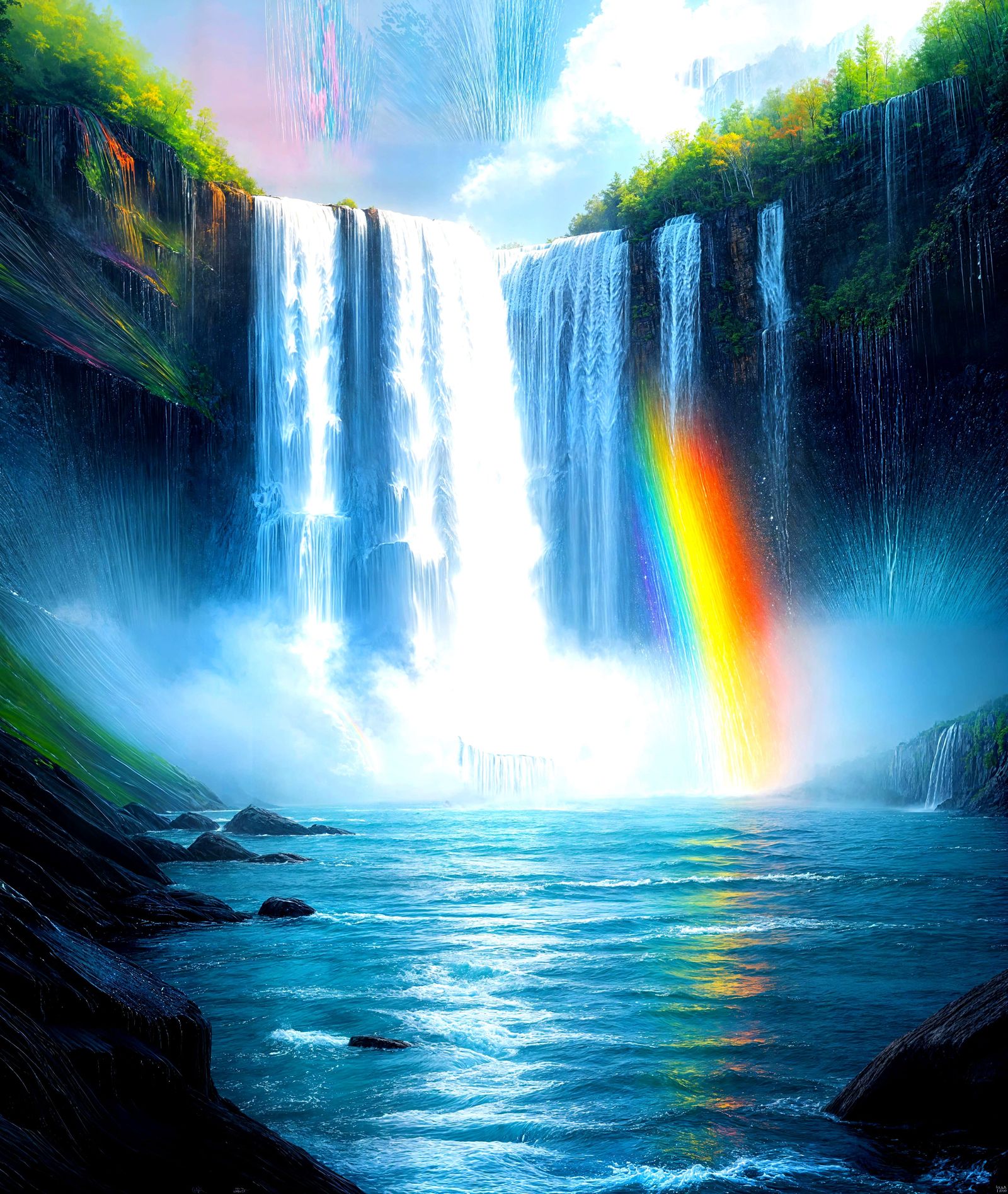 Vivid Waterfall with Rainbow Mist in Hyperrealistic Style
