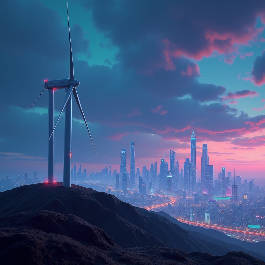 Futuristic Wind Turbine and Solar Cityscape