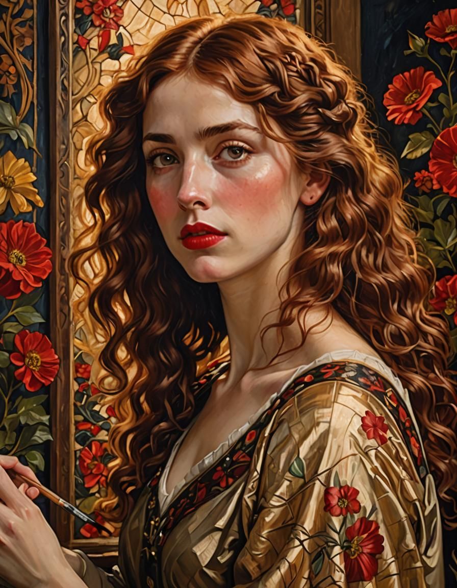 Woman Paints Self-Portrait in Pre-Raphaelite Style