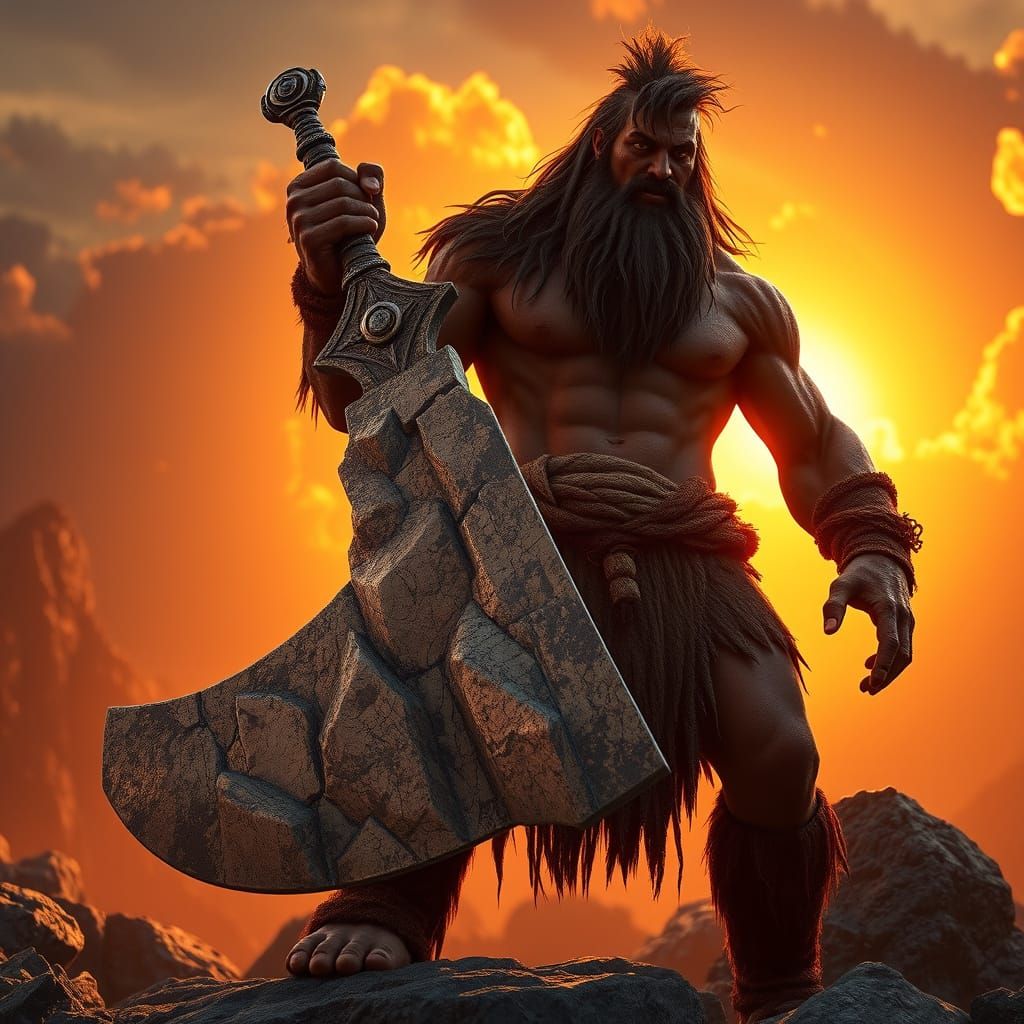 Colossal Caveman Wields Earth Sword in Epic Sunset
