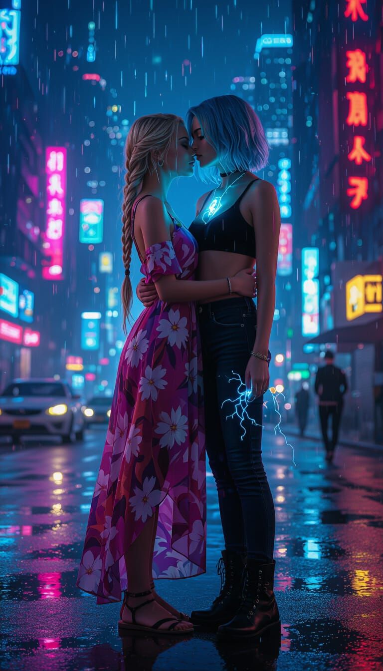 Cyberpunk Women Embrace in Neon Cityscape