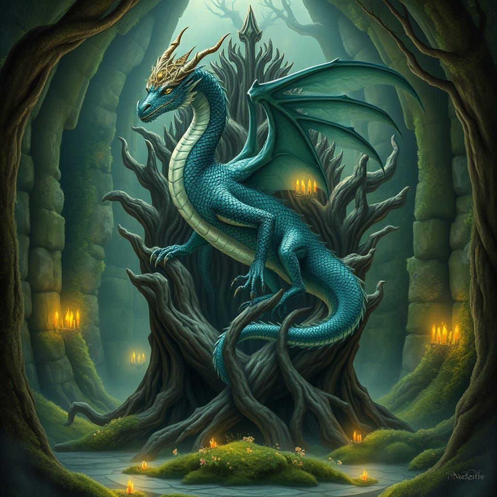Dragon Perched on Throne of Ancient Trees, with Ethereal Glo...