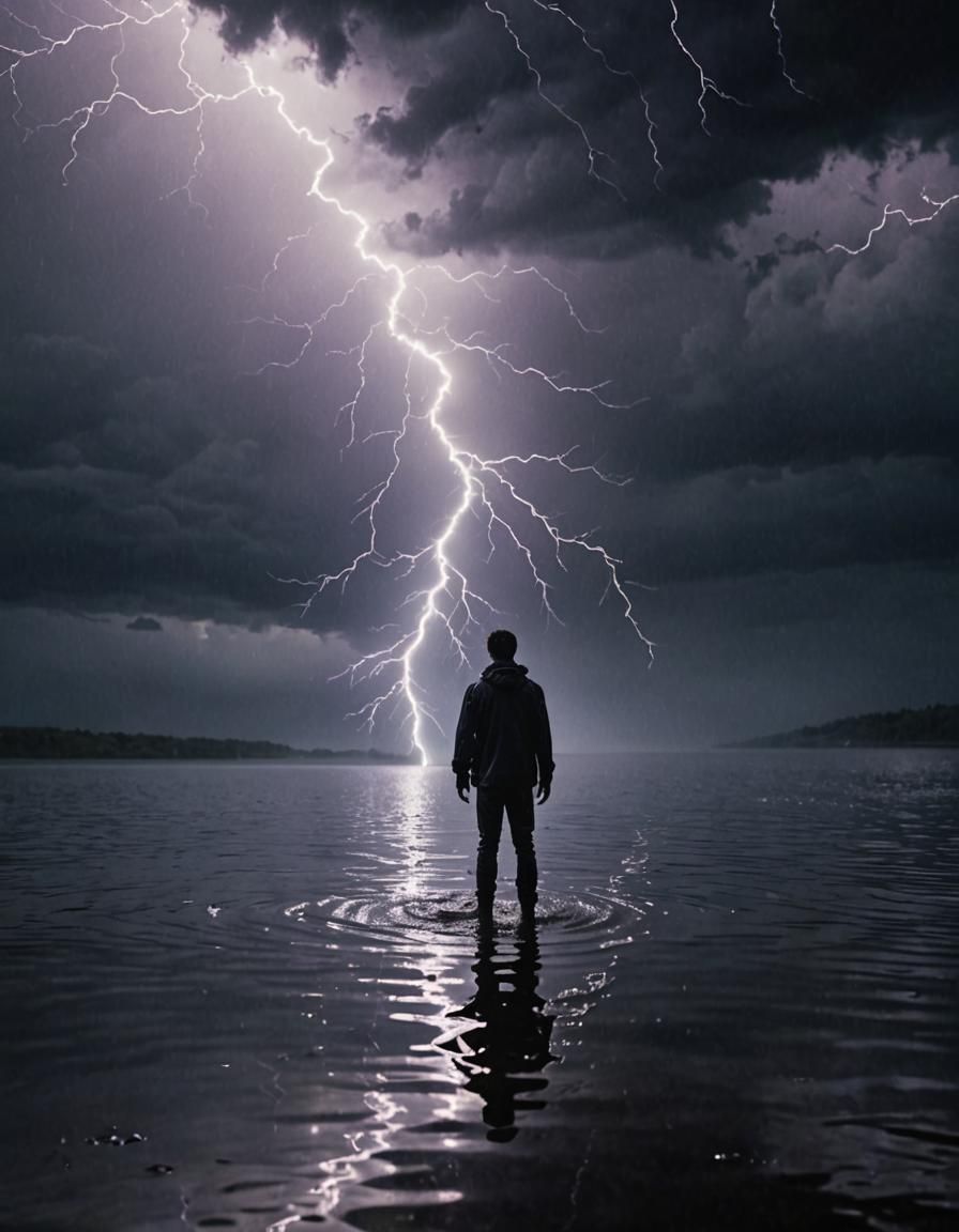Mystical Lake Scene with Lightning Strikes