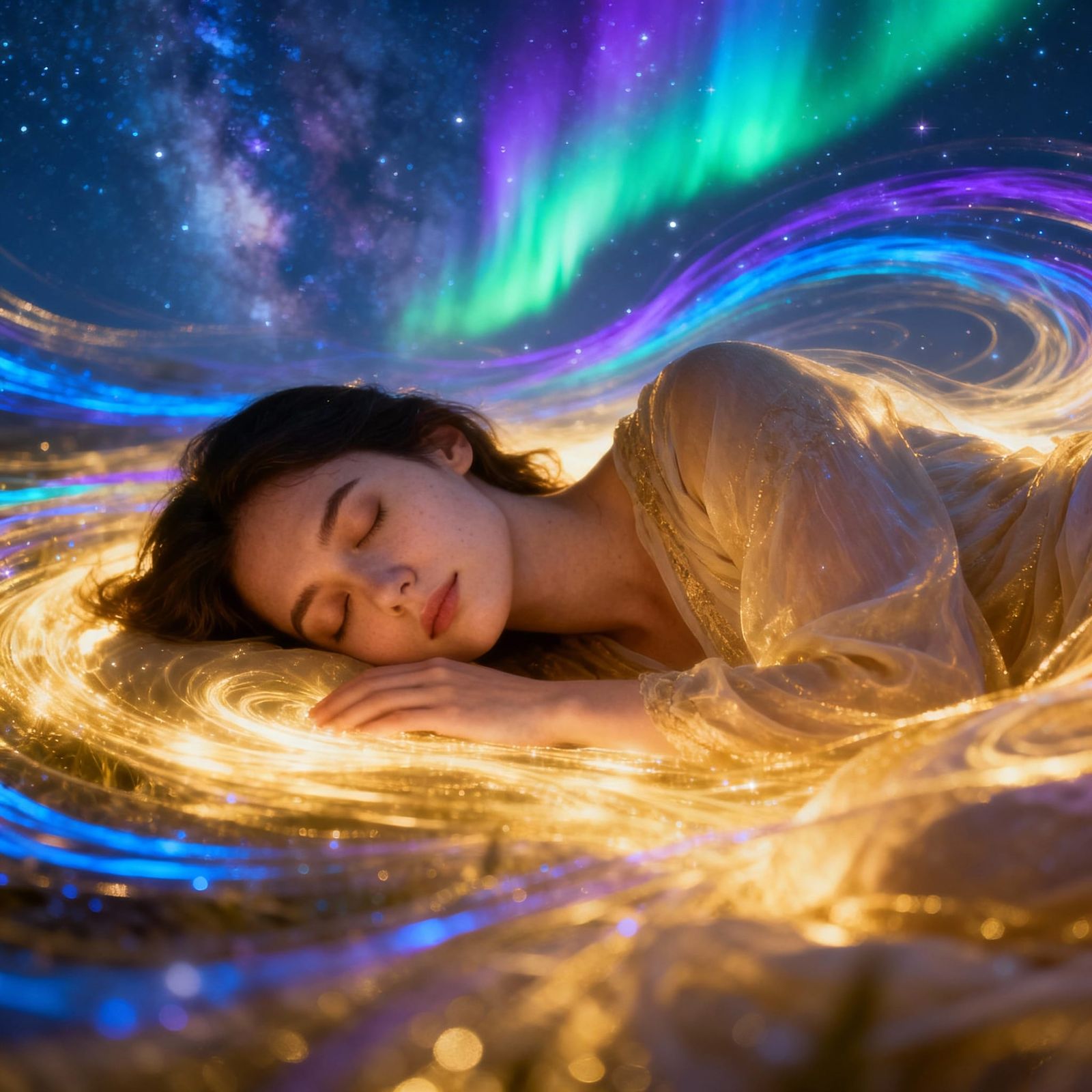 Woman Sleeping Amidst Cosmic Aurora Ribbons