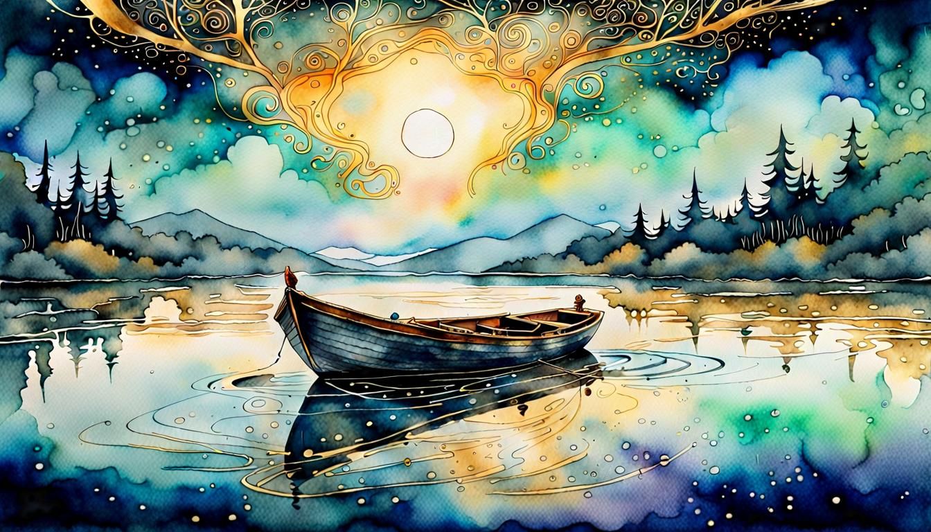 Mystical Boat in Dreamlike Watercolor Ink Art